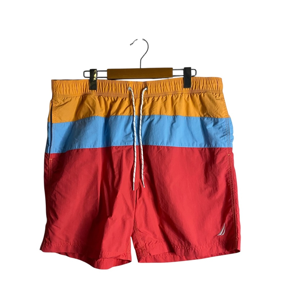 Nautica Men’s Red Colorblock Swim Trunks with Yellow/Blue Panels